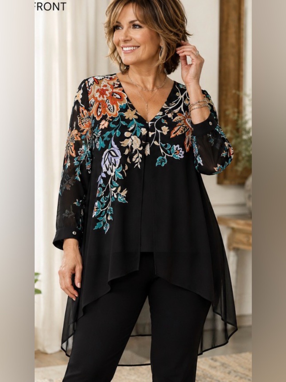NWT Chico’s Bohemian Bouquet Embroidered Floral Sheer Overlay Blouse Size 2 Lrg